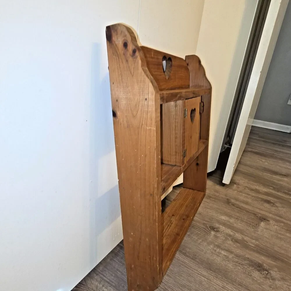 Vtg 1980s Pine Wood Heart Shelf Cabinet Peg Rail Country Farmhouse Cottagecore